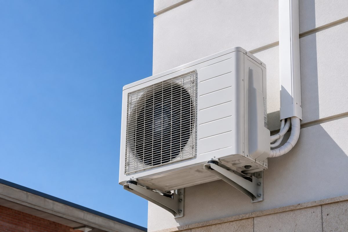 Unidad exterior de aire acondicionado instalada en una fachada